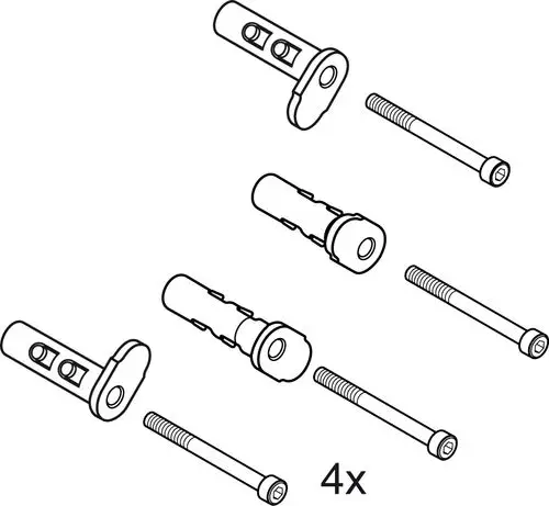 Montagekomponenten von Ideal Standard: vier Befestigungsstecker mit passenden Schrauben. Gezeigt sind zwei Typen von Befestigungselementen und deren Schrauben.